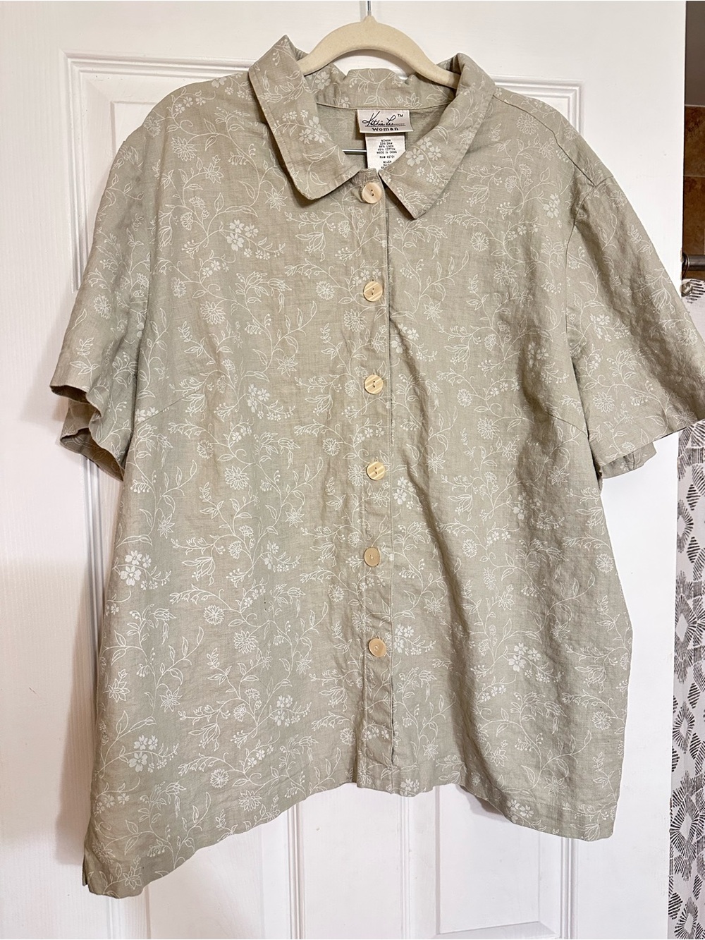 VTG Kathy Lee Linen Cotton Boxy Floral Short Sleeve Button Up 22 Coastal Cottage